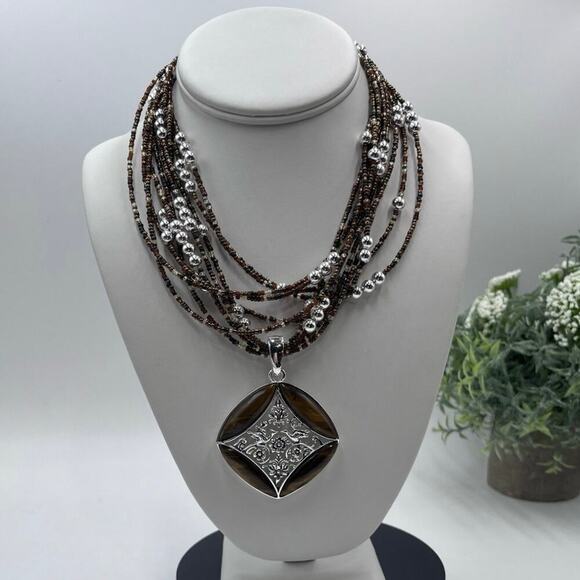 Joan Rivers Vintage Tigers Eye Bird Call Pendant 10 Strand Beaded Necklace - Picture 1 of 14